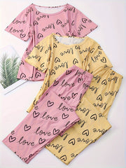 Heart Print Pajama Set Short Sleeve Crew Neck Top & Elastic Waistband Pants