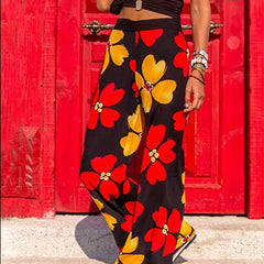 Boho Floral Print Loose Straight Pants Elastic High Waist