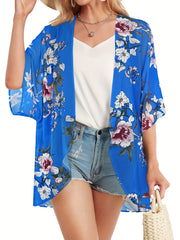 Floral Pattern Cover Up Shirt V Neck Half Sleeves Beachwear Cardigan