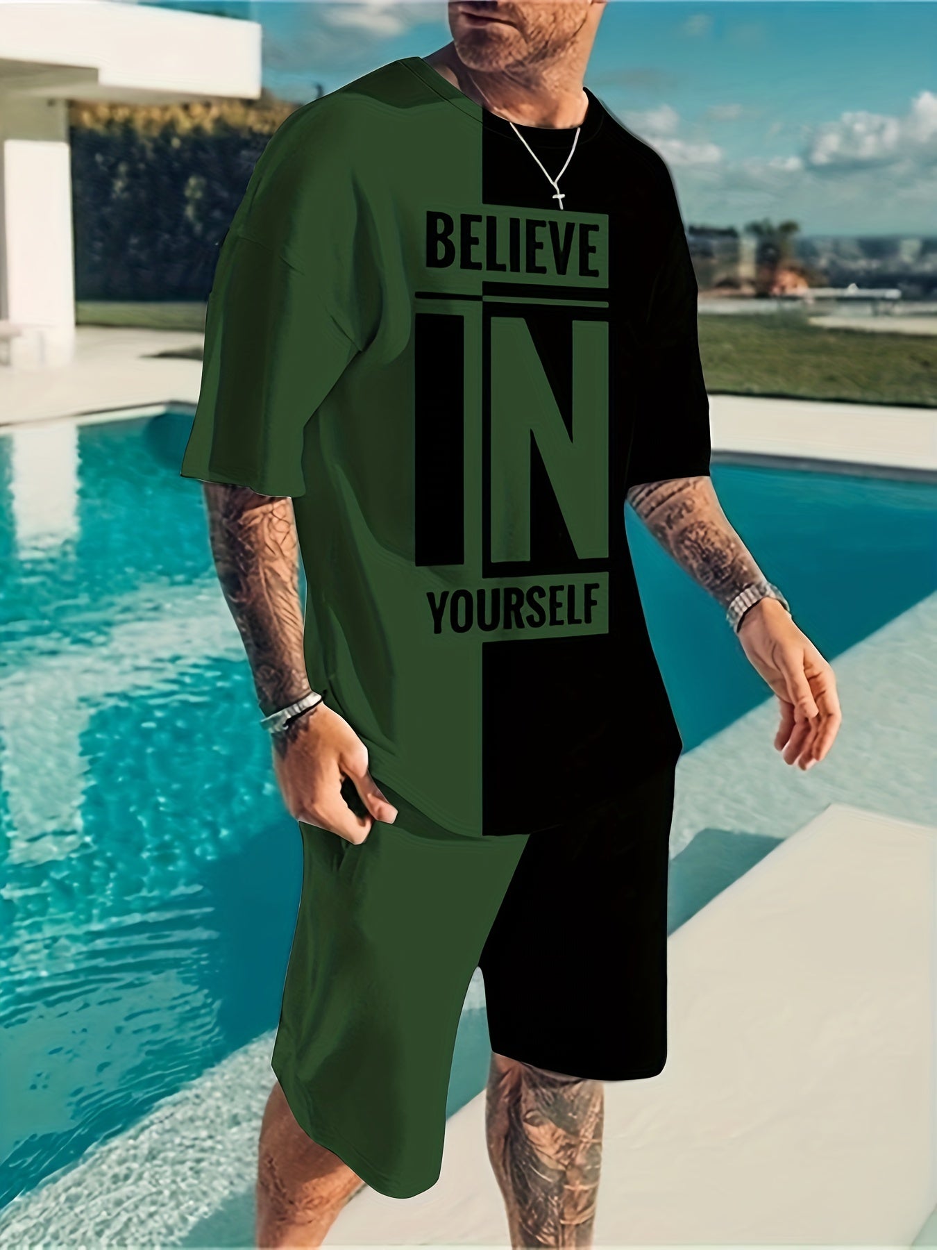 Believe In Yourself Print Men's 2Pcs Outfits Casual Set