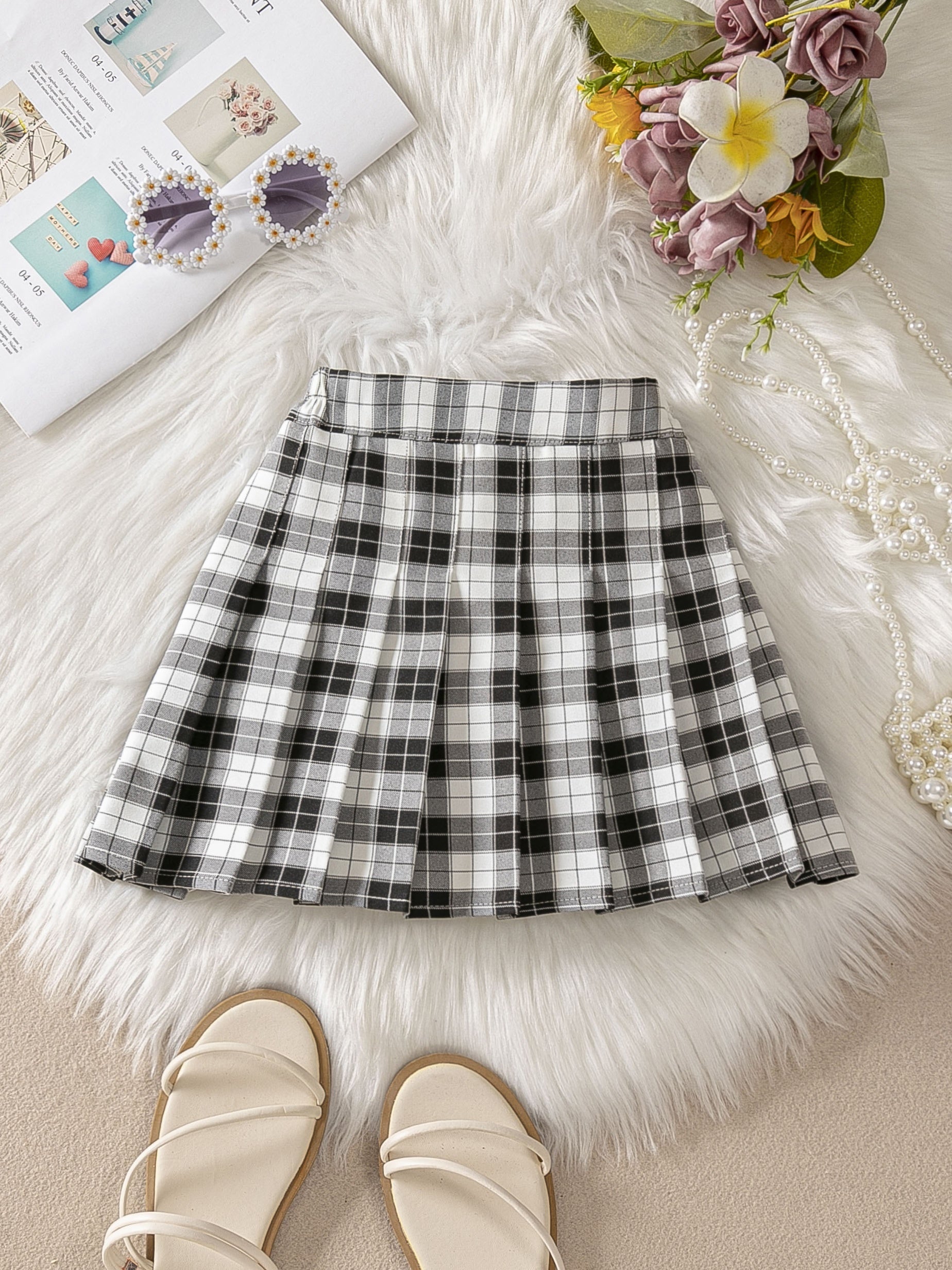 Girls Preppy Plaid Pleated Skirt Kids Casual A line Short Skirt Summer