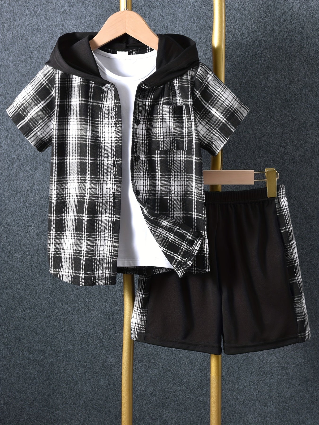 Boys Plaid Hooded Shirt & Shorts Summer Outfit