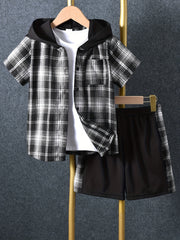 Boys Plaid Hooded Shirt & Shorts Summer Outfit
