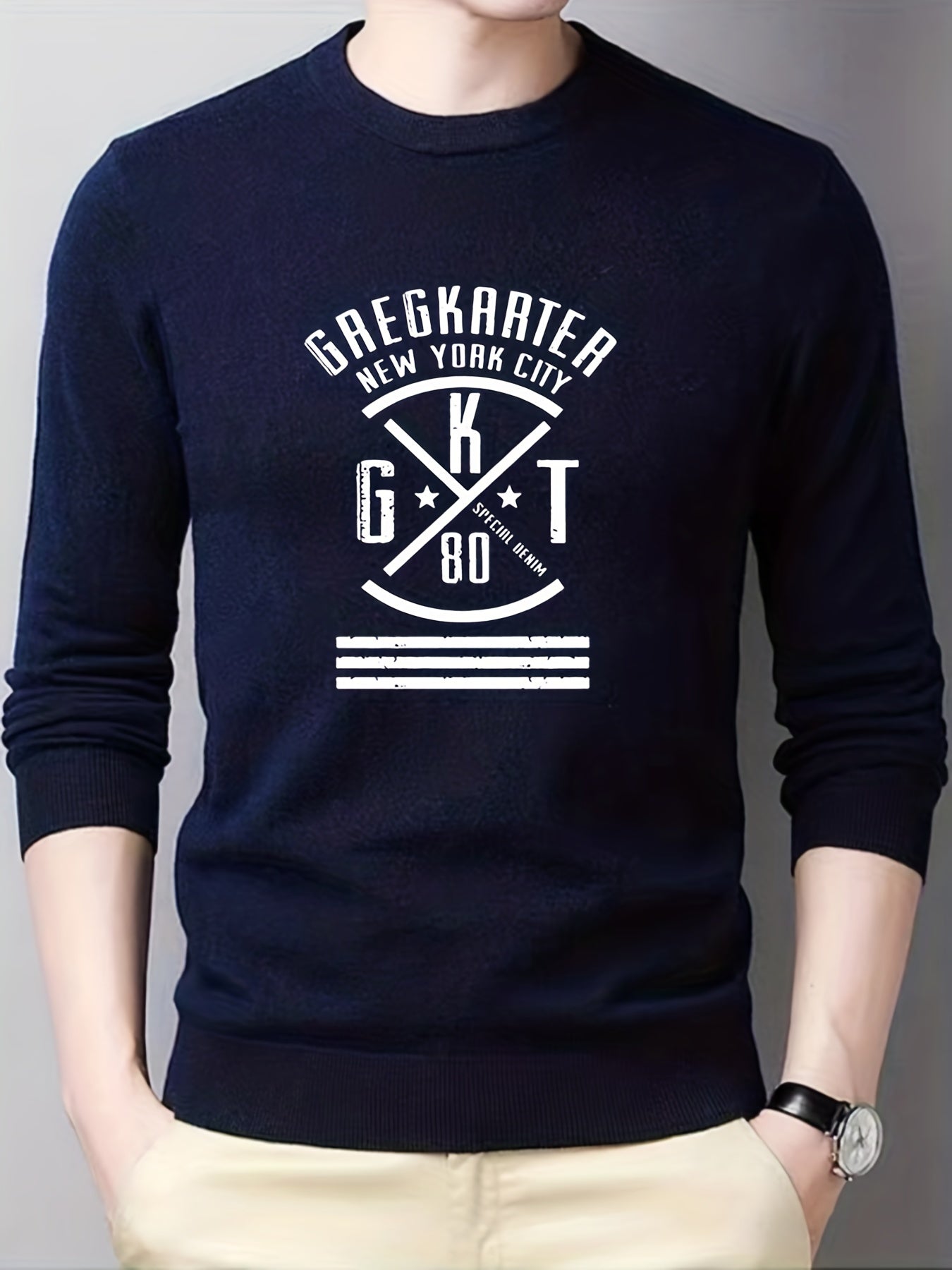 Men's Letter & Cross Knit Sweater Crew Neck Pullover