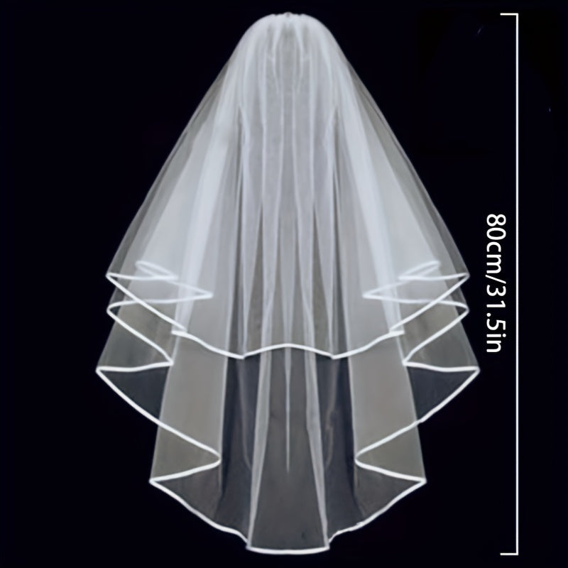 Bridal Veil Double Layer Edging Ribbon Shape Lightweight Veil