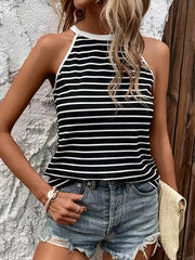 Stripe Print Halter Neck Top Sleeveless Summer Casual