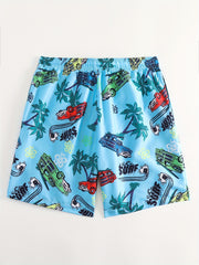 Quick Dry Drawstring Swim Trunks Men's Cars & Coconut Tree Beach Pants