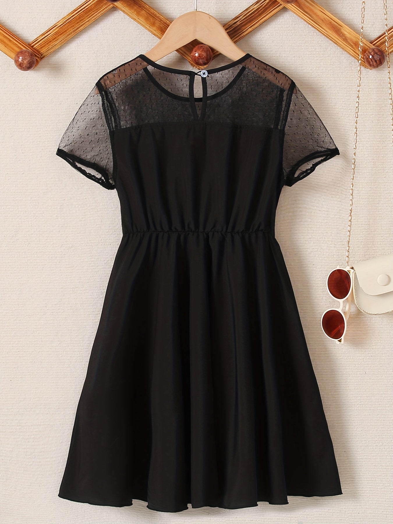 Girl's Contrast Mesh Short Sleeve A Line Dress For Party Beach Vacation