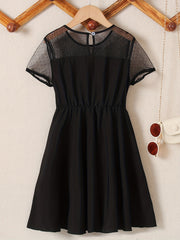Girl's Contrast Mesh Short Sleeve A Line Dress For Party Beach Vacation