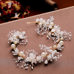 Boho Wedding Bride Pearl Crown Hairband Earrings Set Bridal Jewelry