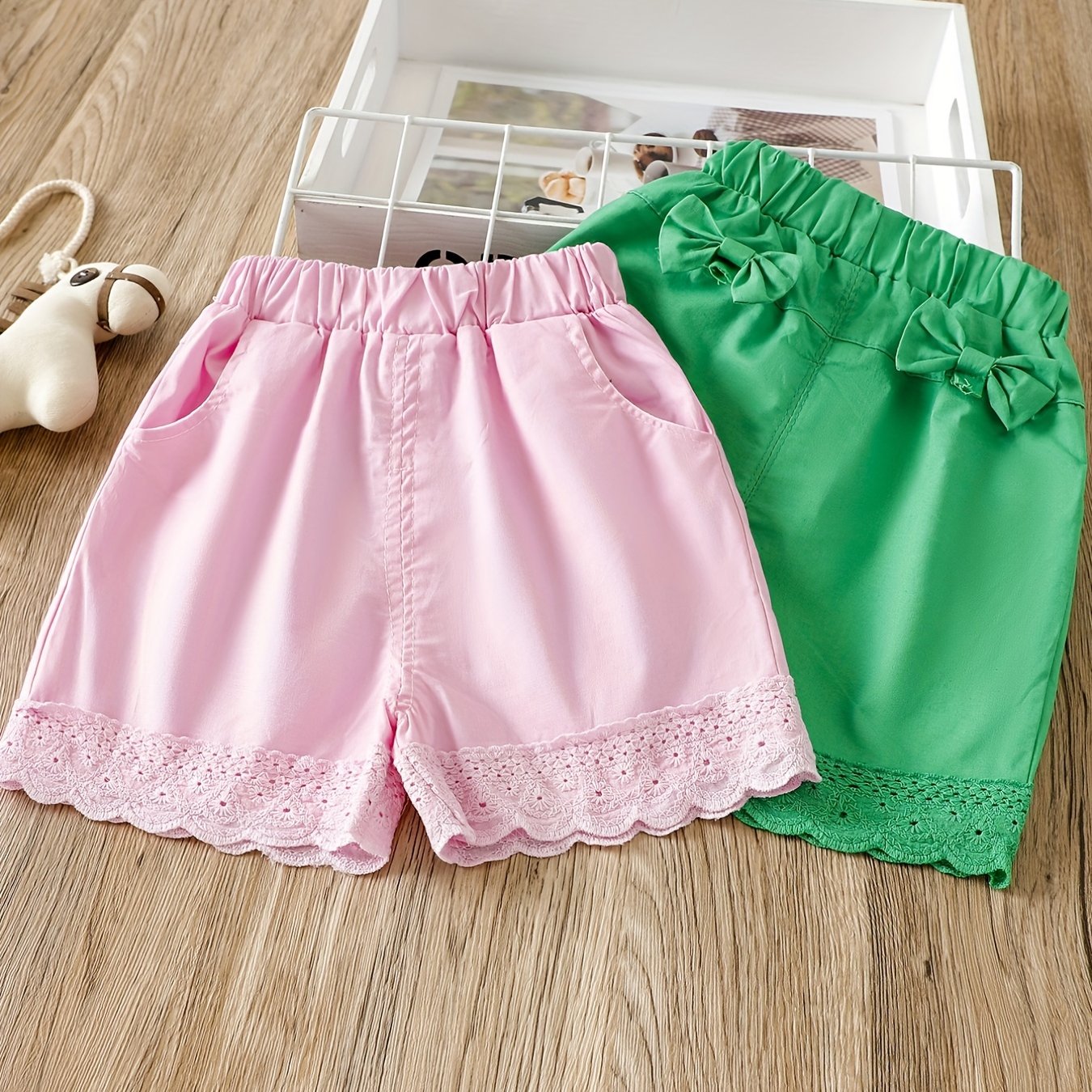 2PCS Toddler Girls Lace Trim Elastic Waist Bow Pocket Casual Shorts