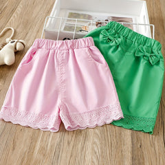 2PCS Toddler Girls Lace Trim Elastic Waist Bow Pocket Casual Shorts