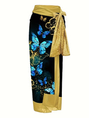Butterfly Print 2 Piece Swimsuit & Wrap Cover Up Skirt