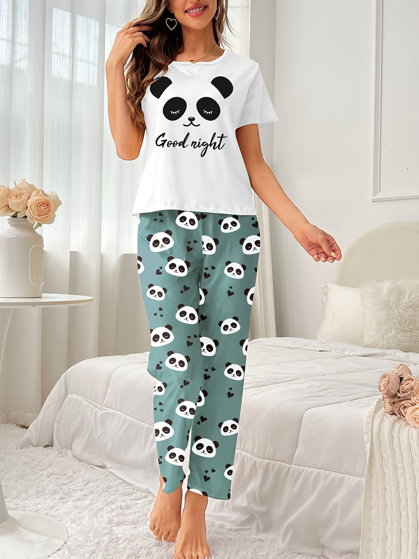 Panda Print Pajama Set Short Sleeve Top & Pants