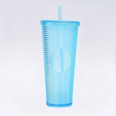 650ml Double Wall Plastic Coffee Cup with Straw Tumbler Mug Rivet Design