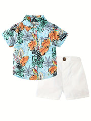 2pcs Boys Flamingo Graphic Print Shirt&Shorts Set
