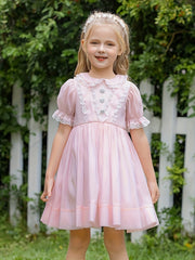 Girls' Lace Trims Collared Short Sleeve Princess Dress