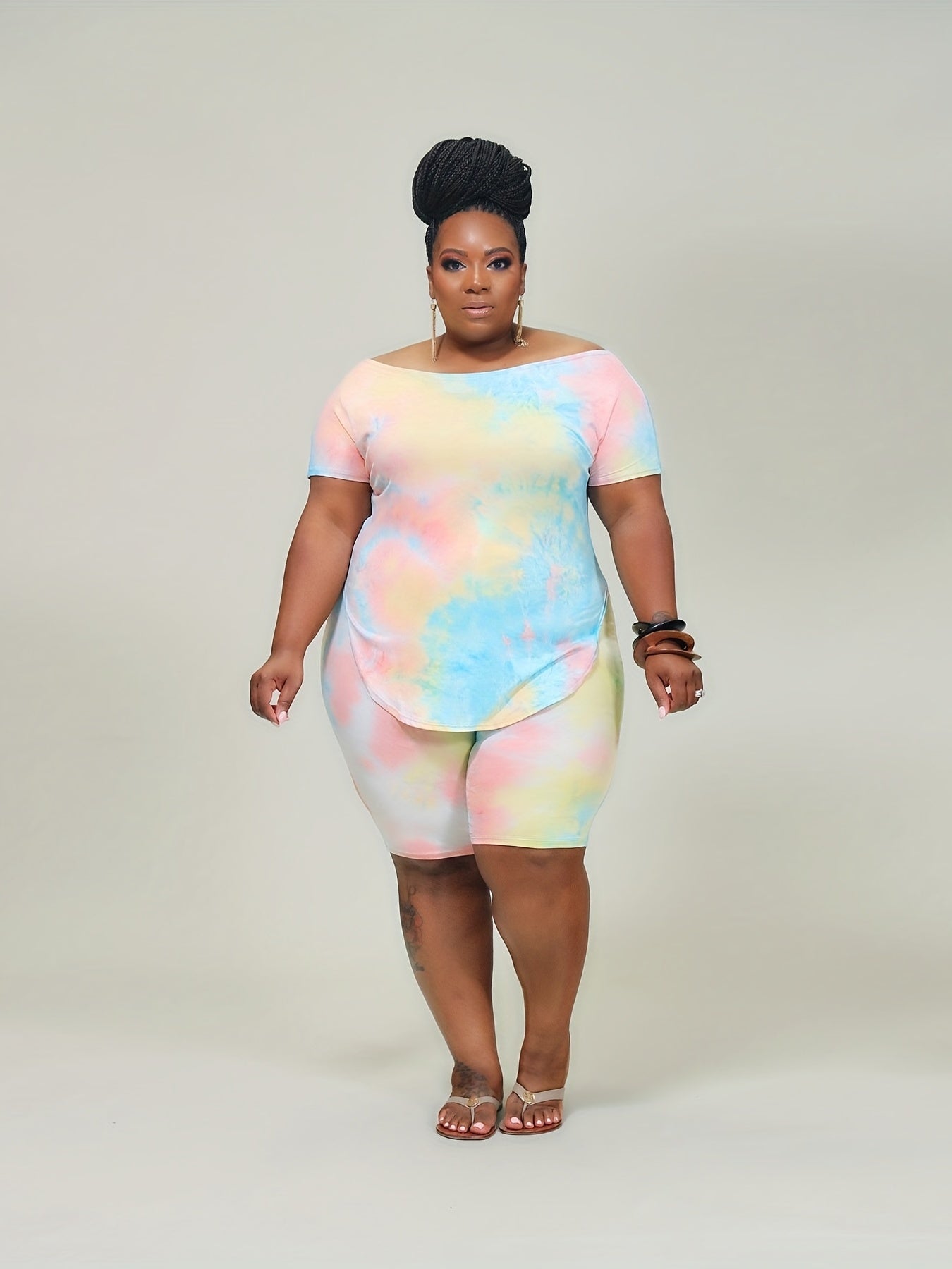 Tie Dye Boat Neck Top & Shorts Set 2pcs Outfit Women's Plus M Stretch