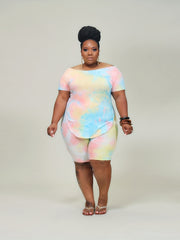 Tie Dye Boat Neck Top & Shorts Set 2pcs Outfit Women's Plus M Stretch