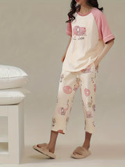 Bunny Print Pajamas Set Short Sleeve Top & Crop Pants