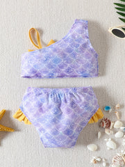 Girls Flamingo Print Bikini Swimsuit Set Ruffle Bow Decor Beach Vacation