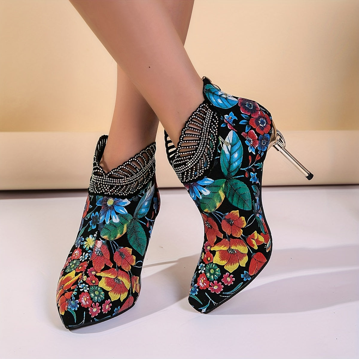 Floral Print Rhinestone Stiletto Heel Boots
