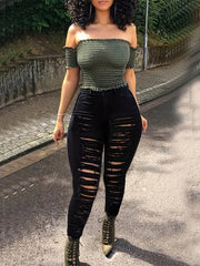 Stretchy Skinny Jeans Ripped Mid Rise Denim