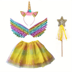 Girls' Rainbow Cartoon Headband Wings Star Wand 4pcs Skirt Set