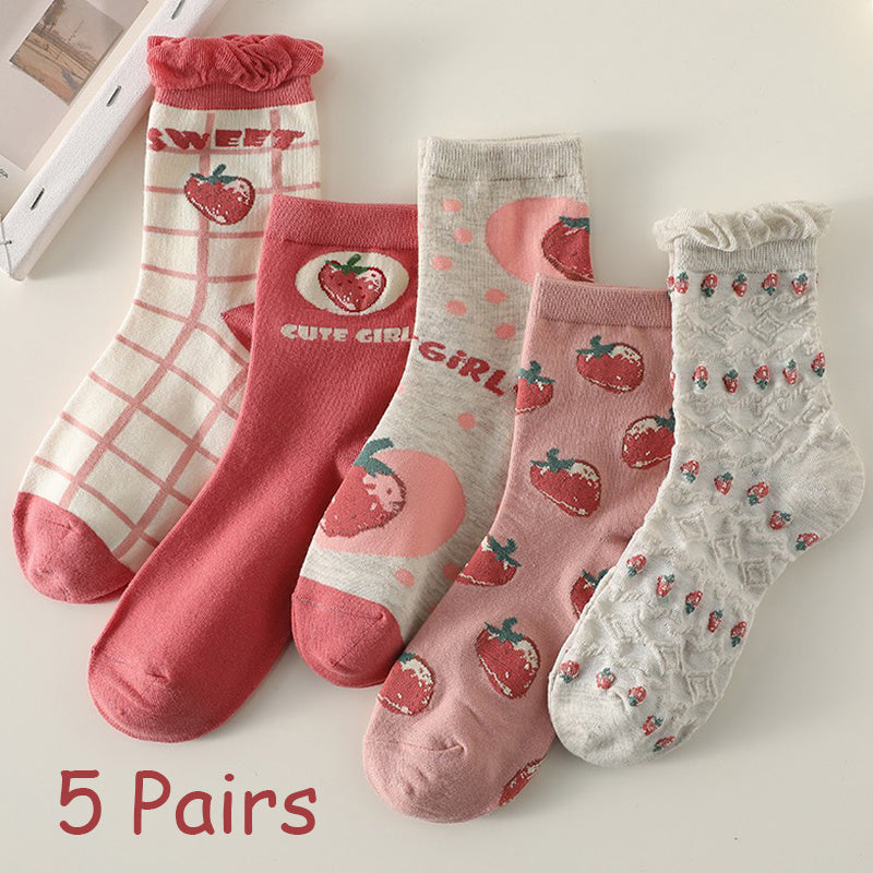 5 Pairs Strawberry Pattern Socks Mid Tube Women's Stockings