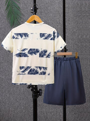 Boys Leaf Graphic Pocket T Shirts & Shorts Set Kids Summer Clothes