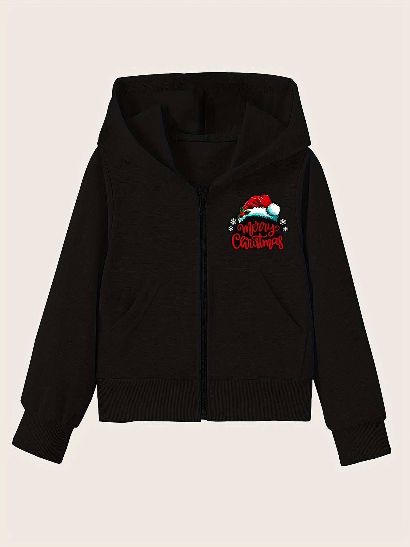 Girls' Christmas Hat Graphic Hoodie with Zipper and Pockets