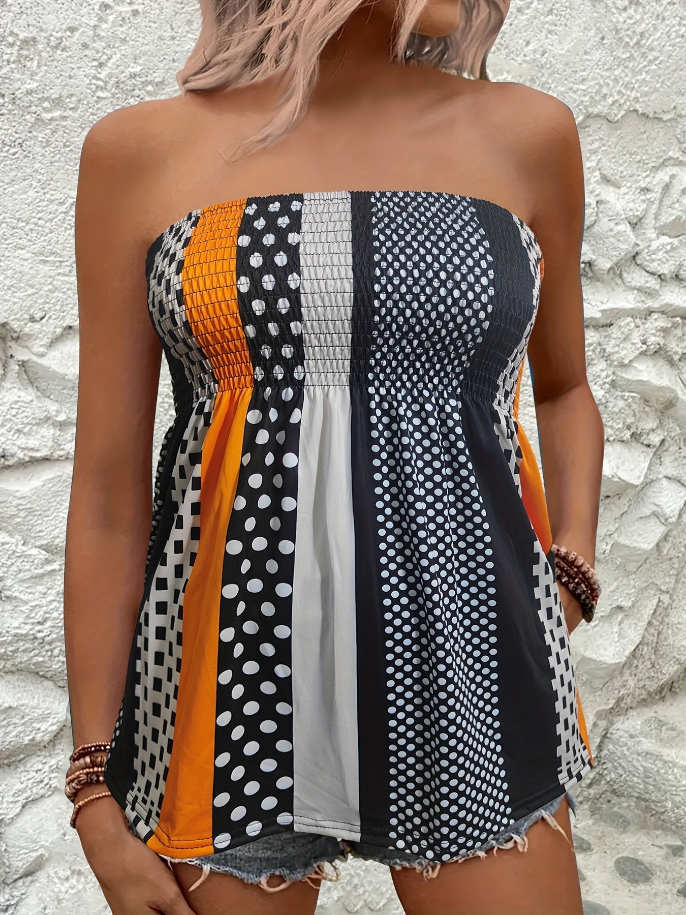 Colorblock Shirred Tube Top Geometric Print Sleeveless Top