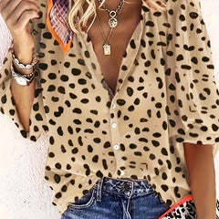 Women's Plus Leopard Print Button Up Long Sleeve Blouse
