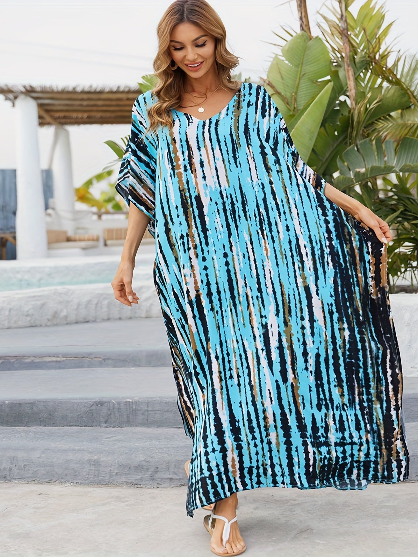 Tie Dye Bat Sleeve V Neck Cover Up Dress