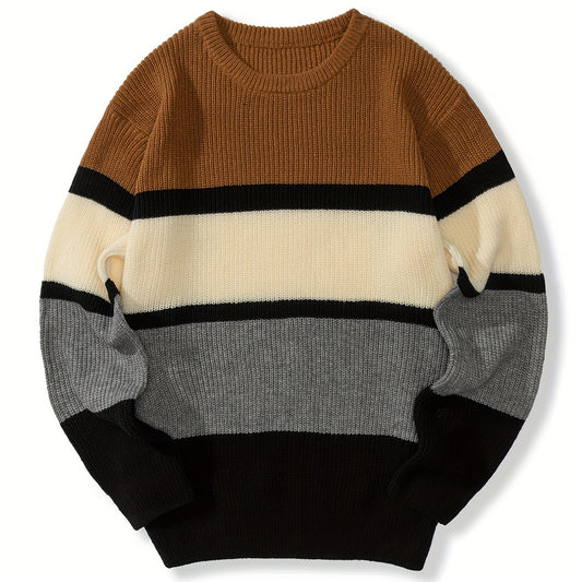 Men's Knitted Block Sweater Casual Crew Neck Pullover