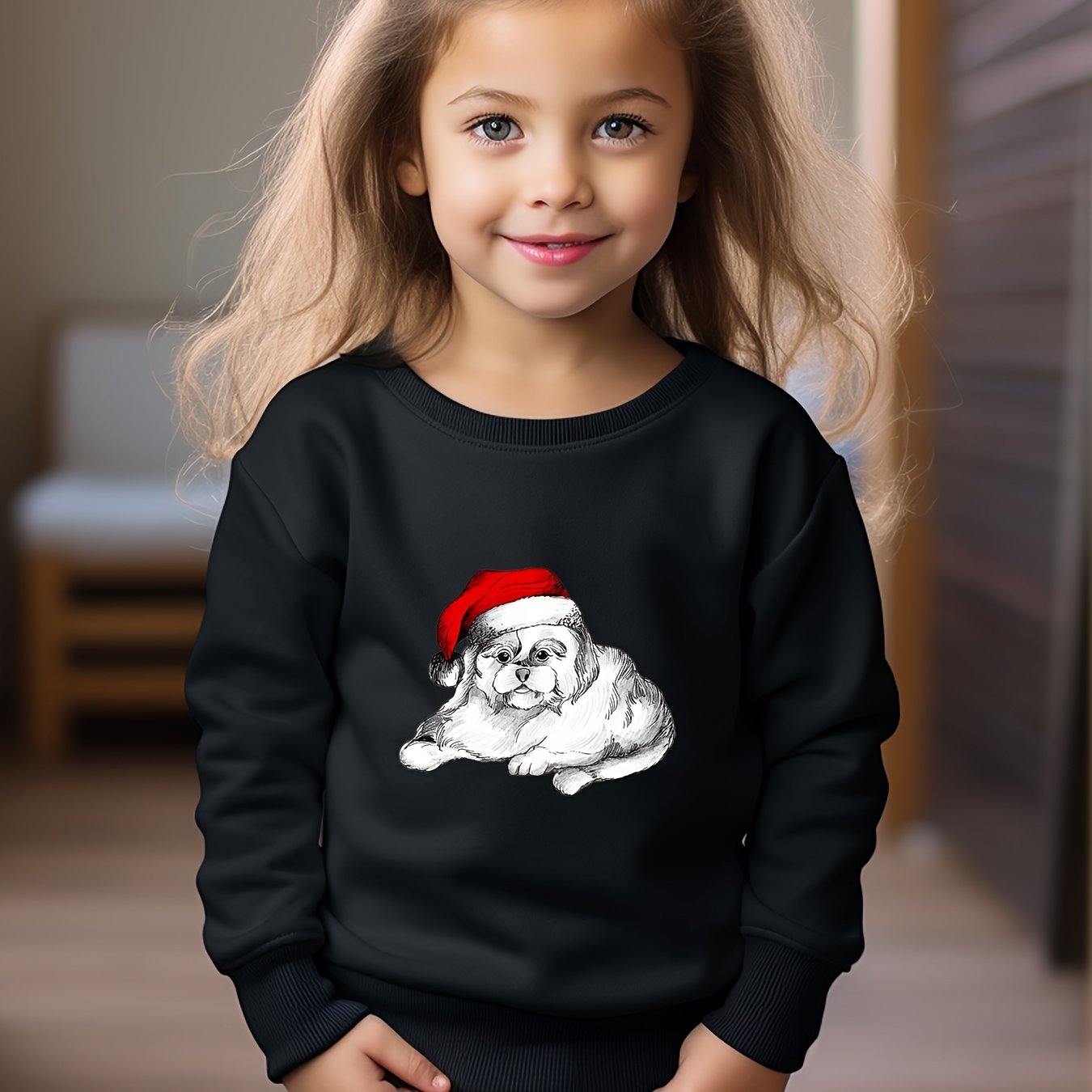 Christmas Dog Print Girls Pullover Sweatshirt Crew Neck Tops