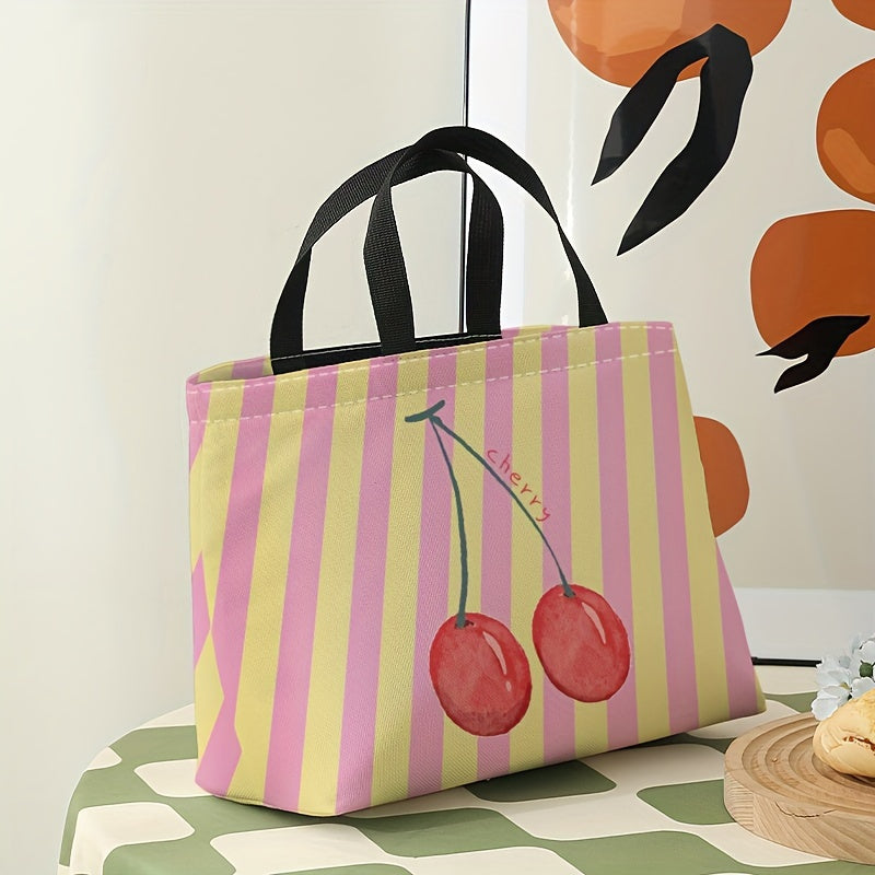 Striped Cherry Printed Lunch Bag Large Capacity Waterproof Insulated Bag