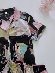 Flower Print Pajama Set Short Sleeve Button Up Top & Elastic Waistband Shorts