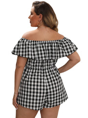 Off Shoulder Ruffle Trim Plaid Pattern Romper