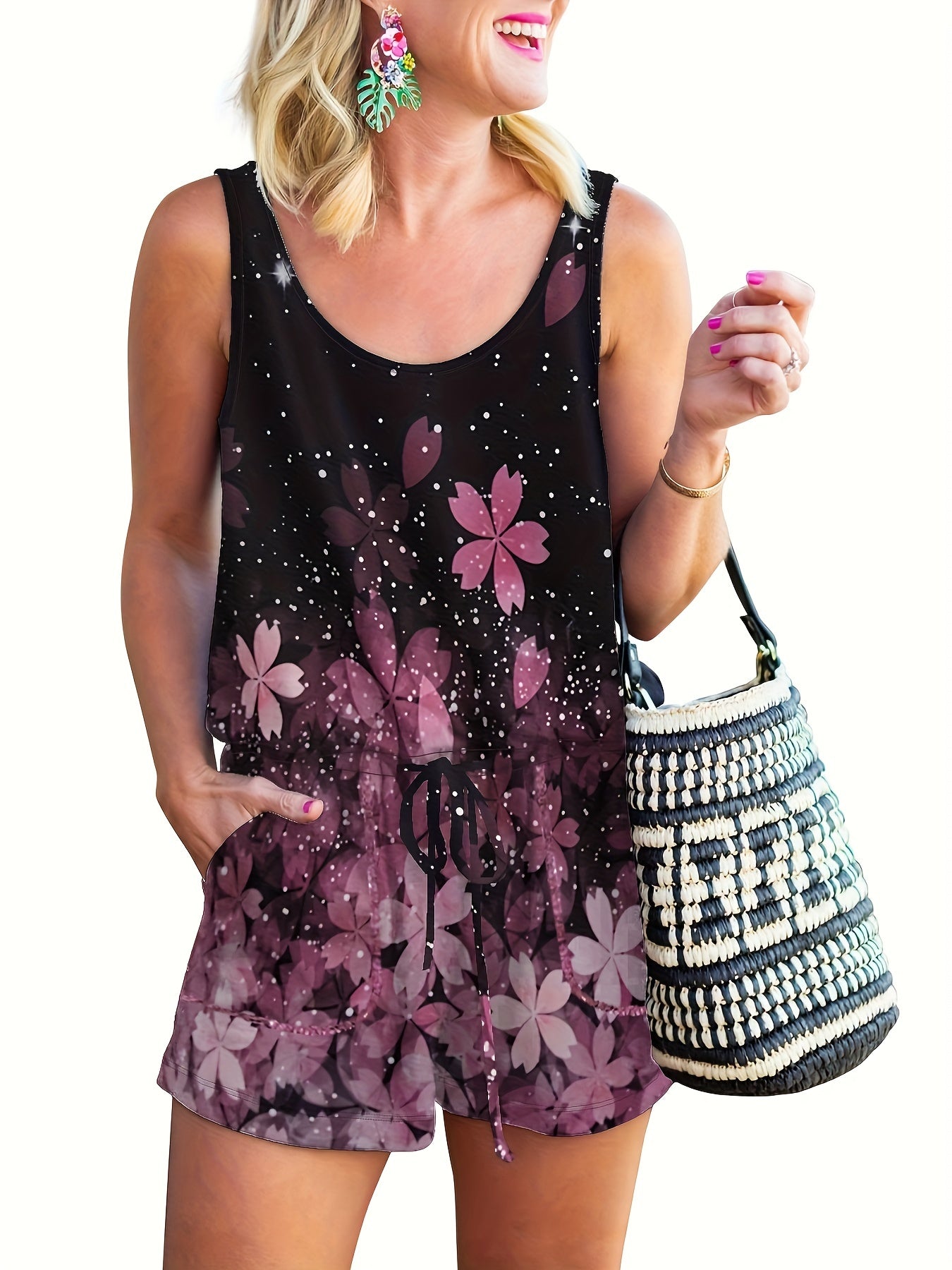 Floral Print Scoop Neck Romper Jumpsuit Women's Clothing
