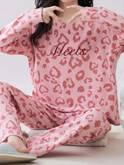 Leopard Print Pajama Set Long Sleeve Top & Elastic Waistband Pants