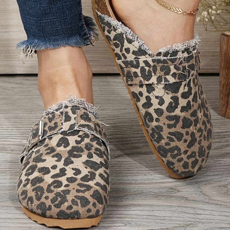 Leopard Print Flat Mules Closed Toe Non slip Shoes
