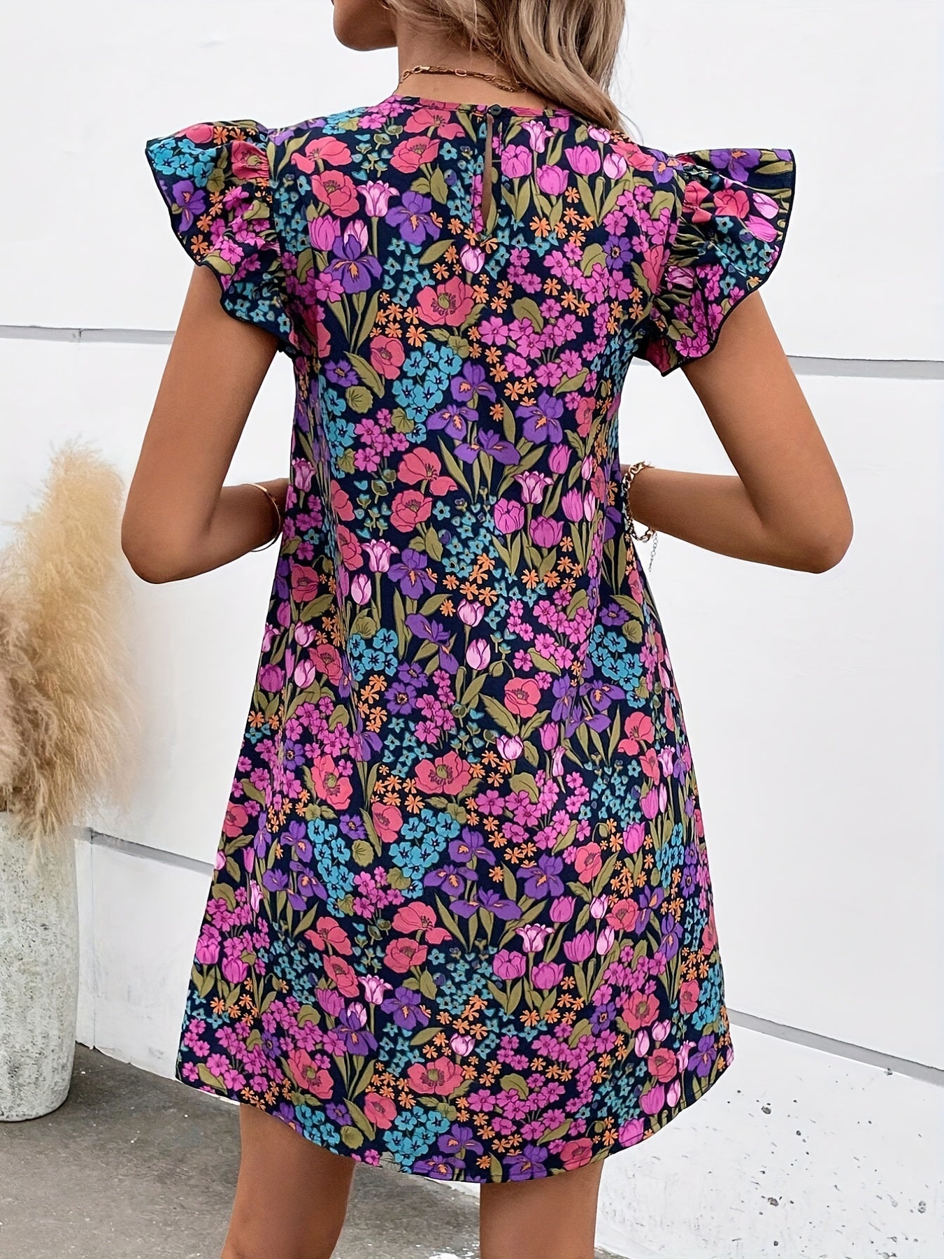 Floral Print Ruffle Trim Dress Boho Keyhole Mini Dress Women's Clothing