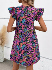 Floral Print Ruffle Trim Dress Boho Keyhole Mini Dress Women's Clothing
