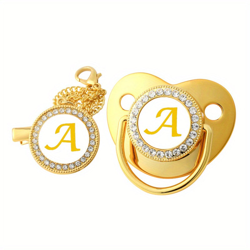 Golden 26 Letter Baby Pacifier With Rhinestone