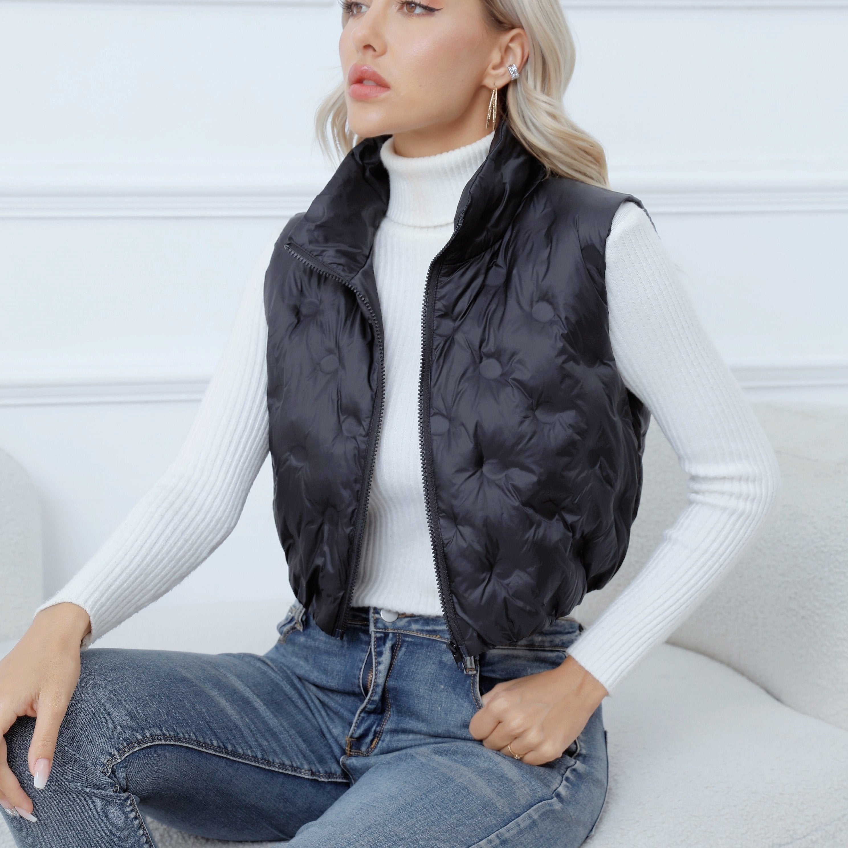 Solid Zip Up Vest Sleeveless High Neck Women's Clothing