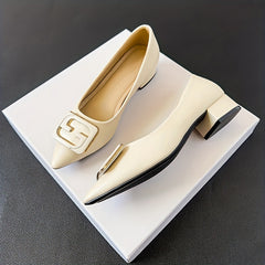 Women's Buckle Decor Point Toe Slip On Chunky Heel Shoes
