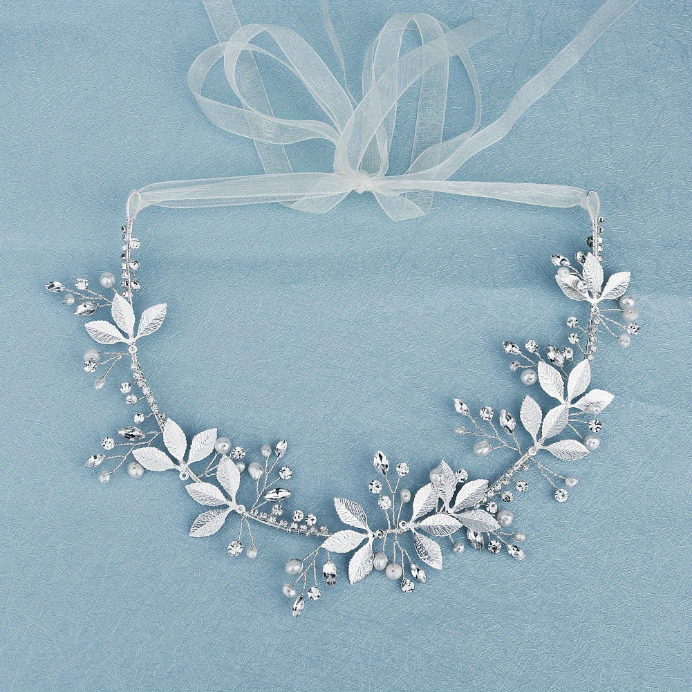 Leaf Charm Hair Band Rhinestone & Faux Pearl Decor Headband Bridal
