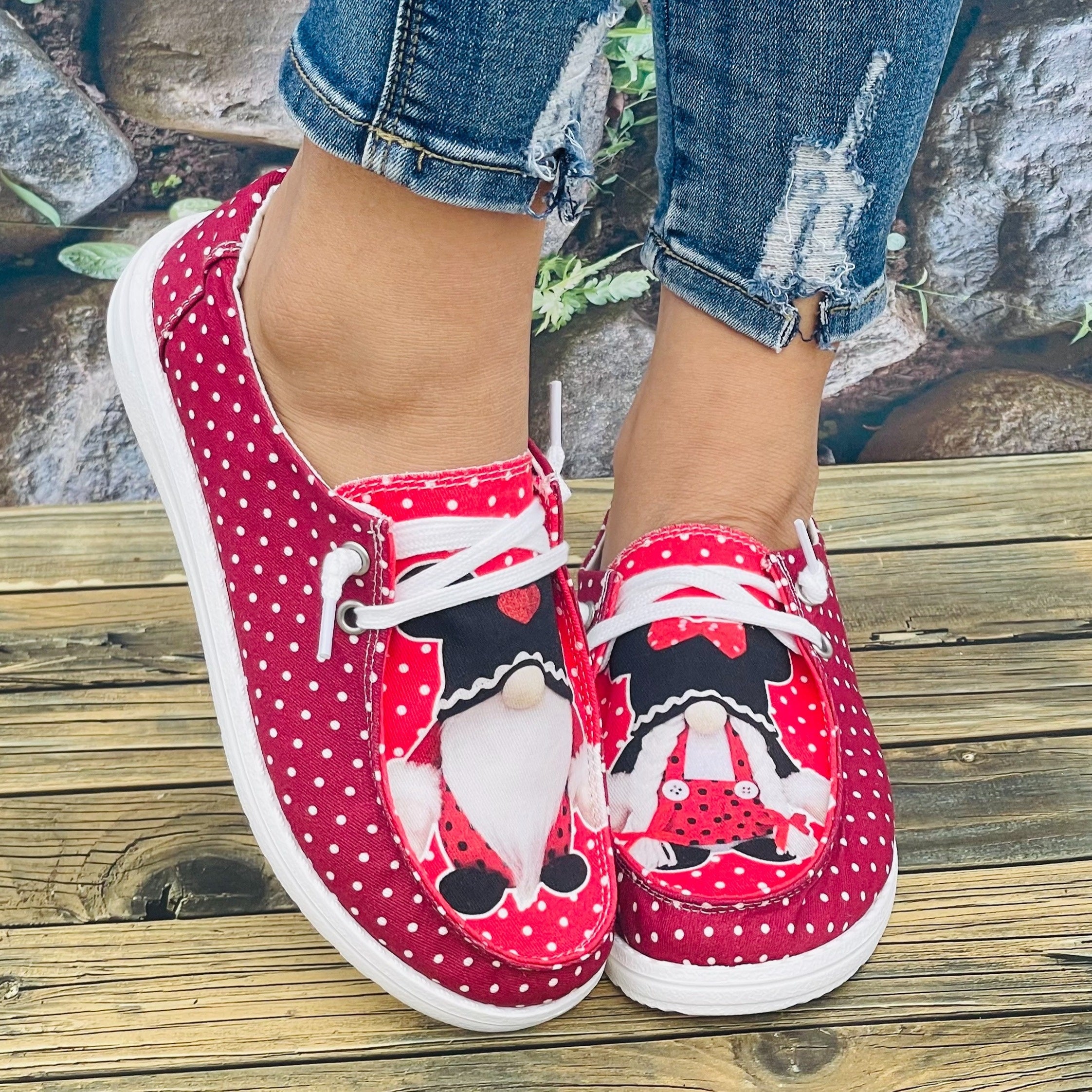 Red Polka Dot Couple Dwarf Flat Sports Shoes for Women