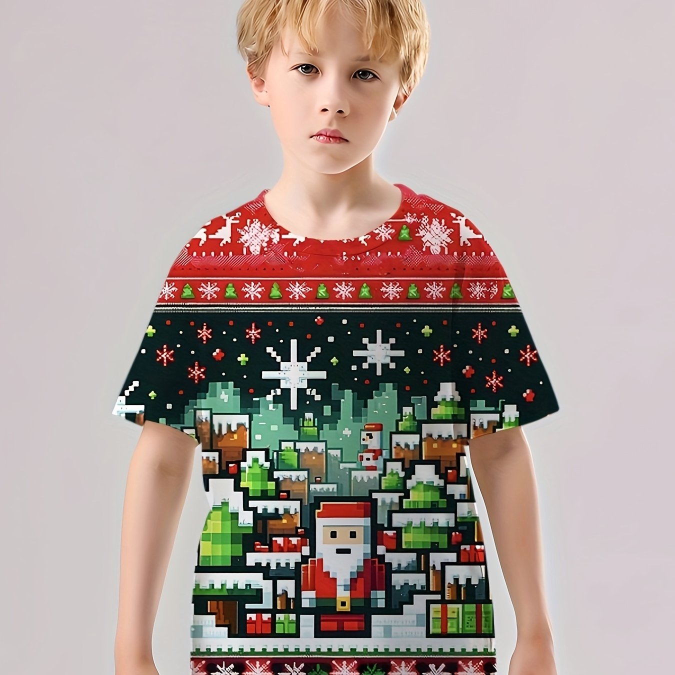 Pixel Christmas Print Boy's Tees Short Sleeve Crew Neck Comfy T-shirt